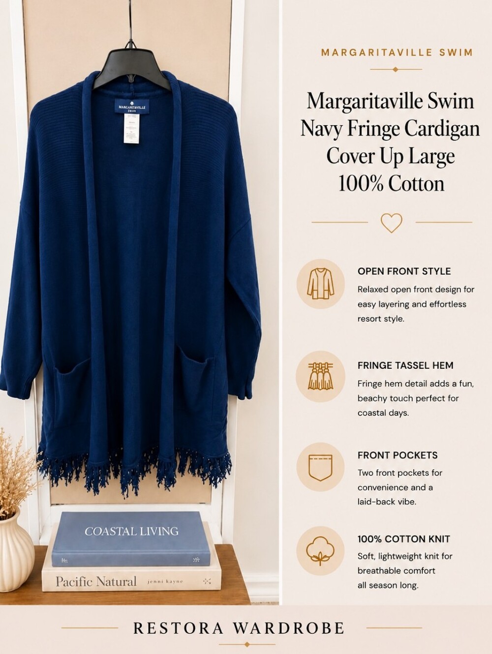 Margaritaville Swim Cardigan Cover Up Navy Cotton Fringe L Coastal